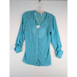 Rebellious One Womens Turquoise Button-Up Lace Open Back Blouse Size S
